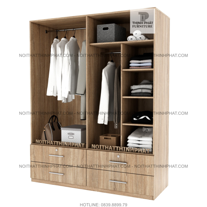 Tủ Quần Áo Gỗ Công Nghiệp Cửa Mở 4 hộc kéo ngoài Màu Vân Gỗ phối trắng Hiện Đại (1M6 X 2M) TQA70