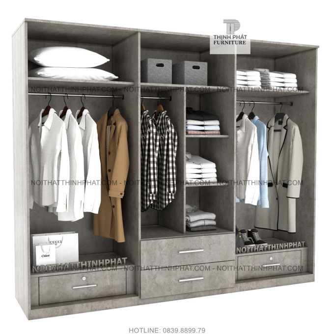 Tủ Quần Áo Gỗ Công Nghiệp Cửa Mở Màu Xi Măng Bê Tông Đẹp Hiện Đại 2M4 X 2M TQA47