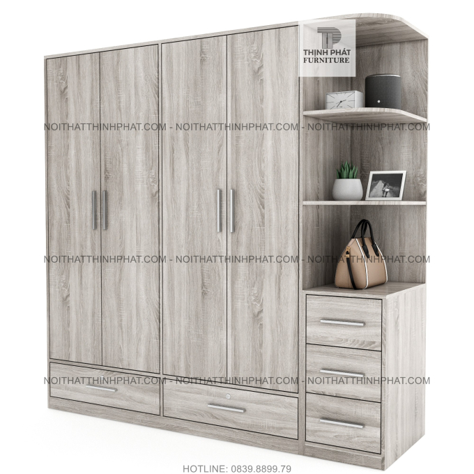 Tủ Quần Áo Gỗ Công Nghiệp Mdf Phủ Melamine Cửa Mở Có Kệ Trang Trí  Màu Gỗ Xám Sang Trọng 2m x 2m TQA55