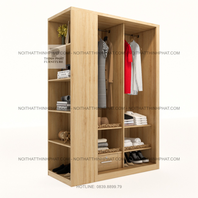 Tủ Quần Áo Gỗ MDF Cửa Lùa Kèm Kệ Trang Trí Bên Hông Phong Cách Tối Giản Tại TPHCM TQA133 (1m4 X 2m)