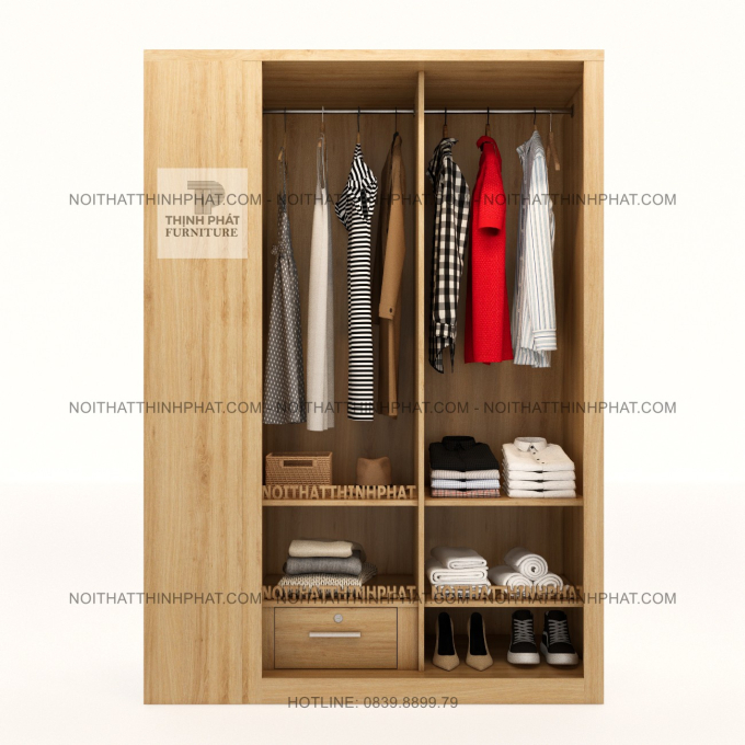 Tủ Quần Áo Gỗ MDF Cửa Lùa Kèm Kệ Trang Trí Bên Hông Phong Cách Tối Giản Tại TPHCM TQA133 (1m4 X 2m)