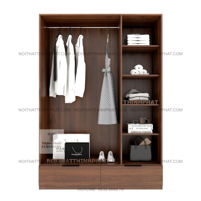 Tủ Quần Áo Gỗ MDF Hiện Đại 3 Cánh 2 Ngăn Kéo Màu Óc Chó Sang Trọng TQA79 (1M4 X 2M)