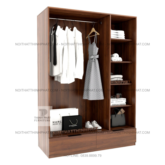 Tủ Quần Áo Gỗ MDF Hiện Đại 3 Cánh 2 Ngăn Kéo Màu Óc Chó Sang Trọng TQA79 (1M4 X 2M)