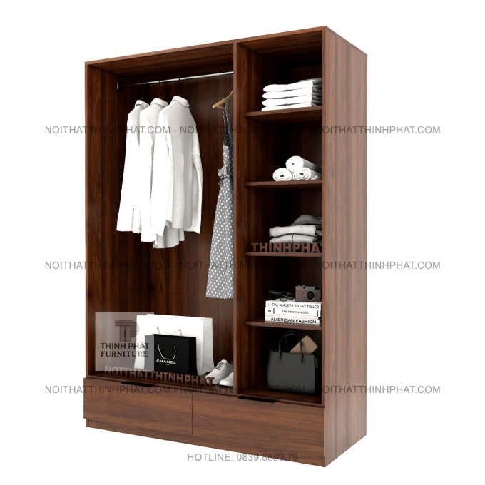 Tủ Quần Áo Gỗ MDF Hiện Đại 3 Cánh 2 Ngăn Kéo Màu Óc Chó Sang Trọng TQA79 (1M4 X 2M)