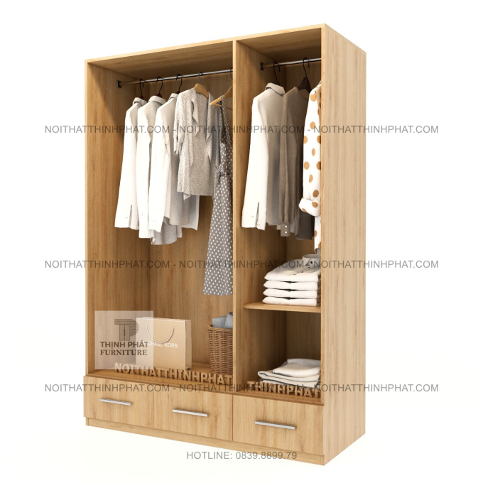 Tủ Quần Áo Gỗ MDF Màu Sồi Sáng 3 Cánh 3 Ngăn Kéo Kiểu Dáng Hiện Đại TQA82
