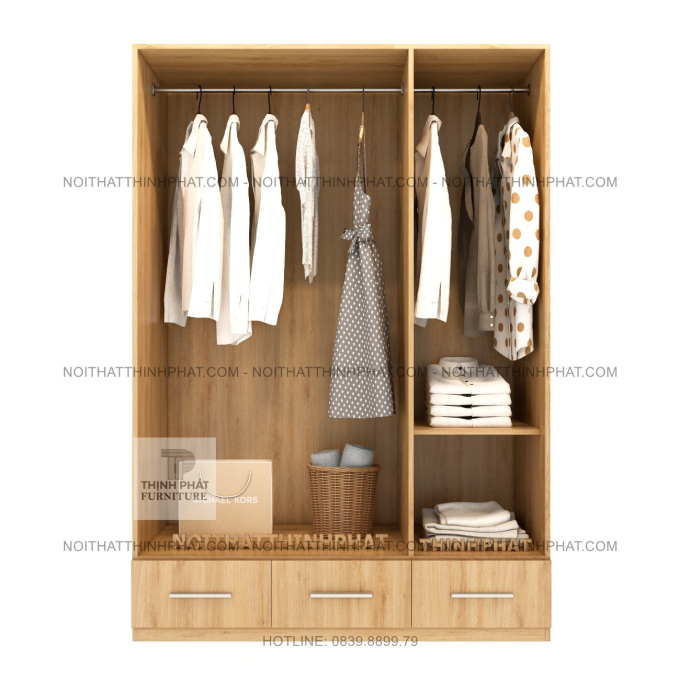 Tủ Quần Áo Gỗ MDF Màu Sồi Sáng 3 Cánh 3 Ngăn Kéo Kiểu Dáng Hiện Đại TQA82