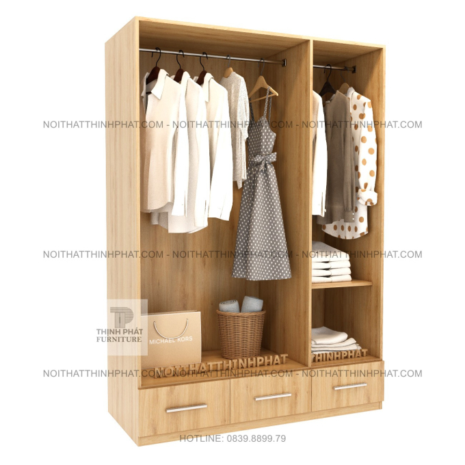 Tủ Quần Áo Gỗ MDF Màu Sồi Sáng 3 Cánh 3 Ngăn Kéo Kiểu Dáng Hiện Đại TQA82