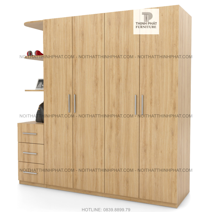 Tủ Quần Áo Hiện Đại Kết Hợp Kệ Trang Trí, Cửa Mở Với 3 Hộc Kéo Ngoài Sang Trọng TQA58-2 (2m x 2m)