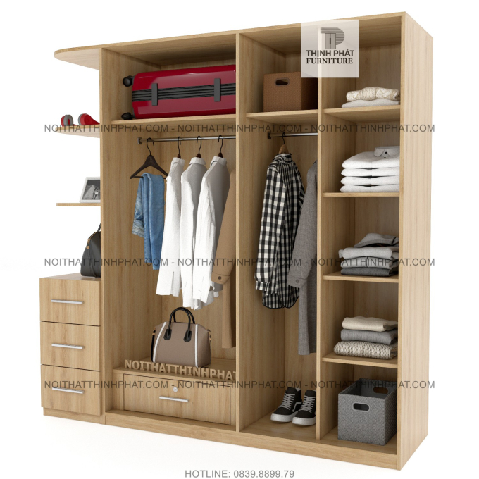 Tủ Quần Áo Hiện Đại Kết Hợp Kệ Trang Trí, Cửa Mở Với 3 Hộc Kéo Ngoài Sang Trọng TQA58-2 (2m x 2m)