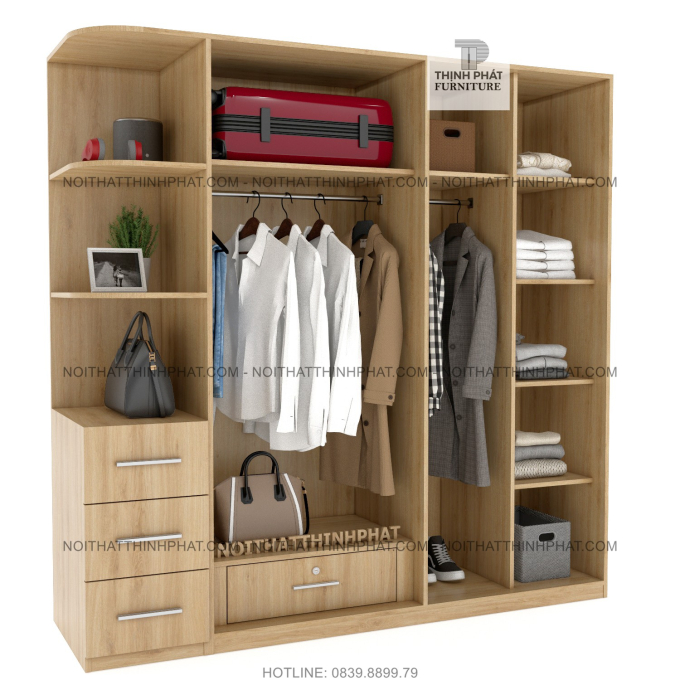 Tủ Quần Áo Hiện Đại Kết Hợp Kệ Trang Trí, Cửa Mở Với 3 Hộc Kéo Ngoài Sang Trọng TQA58-2 (2m x 2m)