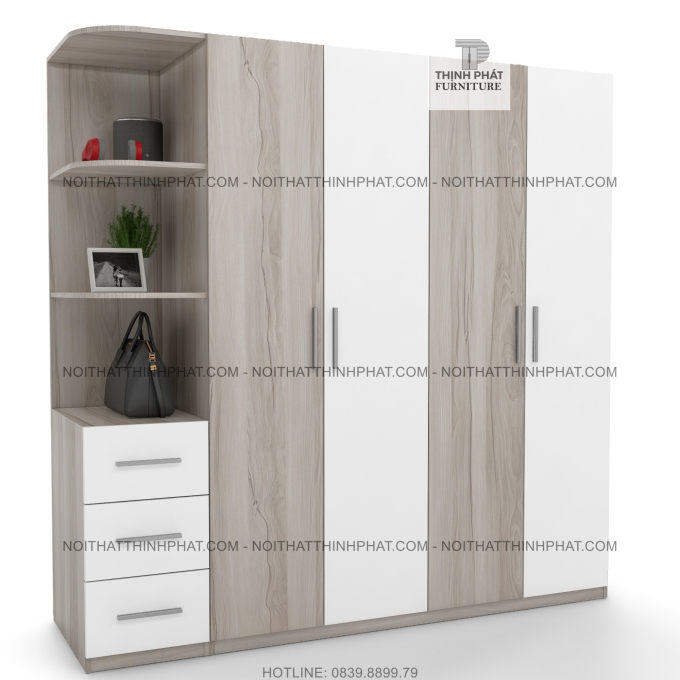 Tủ Quần Áo Hiện Đại Kết Hợp Kệ Trang Trí, Cửa Mở Với 3 Hộc Kéo Ngoài Sang Trọng TQA58 (2m x 2m)