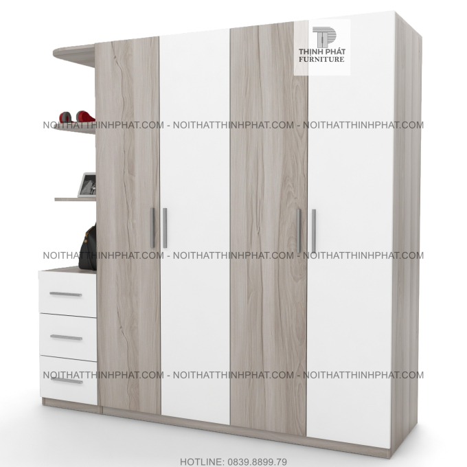 Tủ Quần Áo Hiện Đại Kết Hợp Kệ Trang Trí, Cửa Mở Với 3 Hộc Kéo Ngoài Sang Trọng TQA58 (2m x 2m)