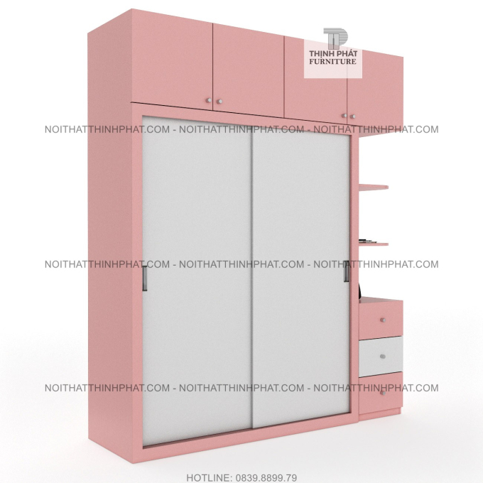 Tủ Quần Áo Kịch Trần 2 Tầng Cửa Lùa Kết Hợp Kệ Trang Trí Màu Hồng Phối Trắng Cho Bé Gái (TQA108-2)