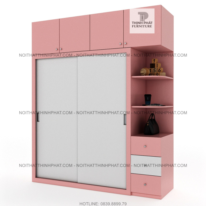 Tủ Quần Áo Kịch Trần 2 Tầng Cửa Lùa Kết Hợp Kệ Trang Trí Màu Hồng Phối Trắng Cho Bé Gái (TQA108-2)