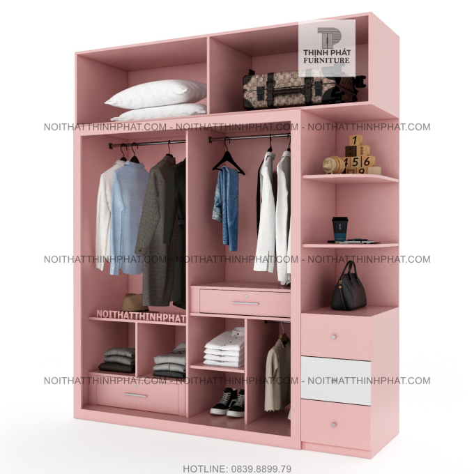Tủ Quần Áo Kịch Trần 2 Tầng Cửa Lùa Kết Hợp Kệ Trang Trí Màu Hồng Phối Trắng Cho Bé Gái (TQA108-2)