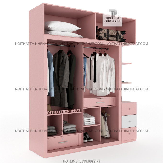 Tủ Quần Áo Kịch Trần 2 Tầng Cửa Lùa Kết Hợp Kệ Trang Trí Màu Hồng Phối Trắng Cho Bé Gái (TQA108-2)