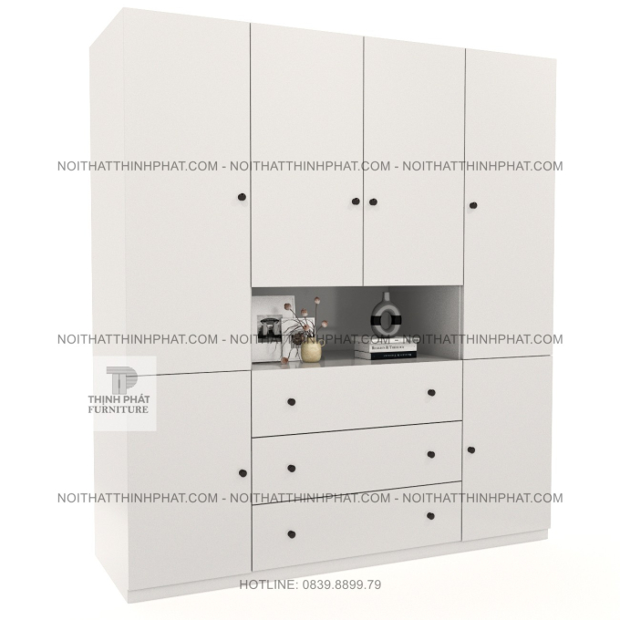 Tủ Quần Áo MDF 4 Cánh Màu Trắng Sang Trọng Kết Hợp Kệ Trang Trí Ở Giữa, Hiện Đại TPHCM TQA99 (1M6 X 2M)