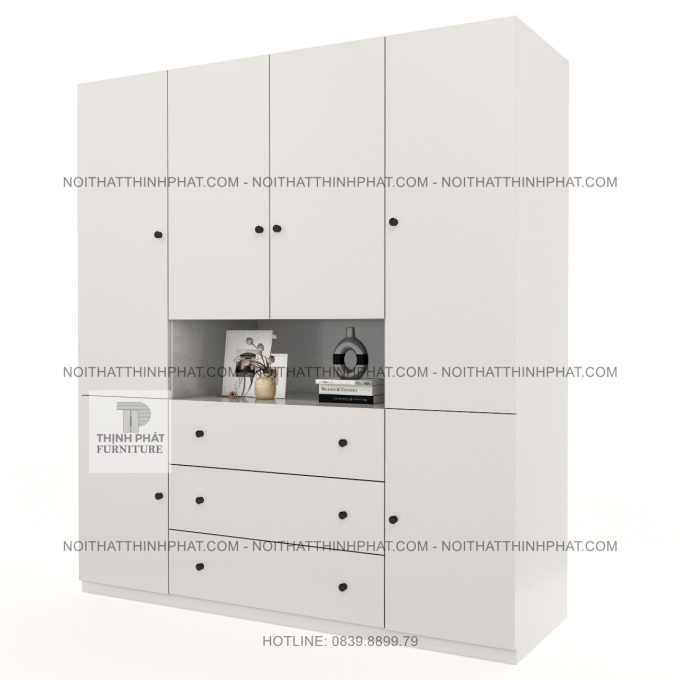 Tủ Quần Áo MDF 4 Cánh Màu Trắng Sang Trọng Kết Hợp Kệ Trang Trí Ở Giữa, Hiện Đại TPHCM TQA99 (1M6 X 2M)