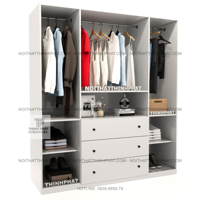 Tủ Quần Áo MDF 4 Cánh Màu Trắng Sang Trọng Kết Hợp Kệ Trang Trí Ở Giữa, Hiện Đại TPHCM TQA99 (1M6 X 2M)