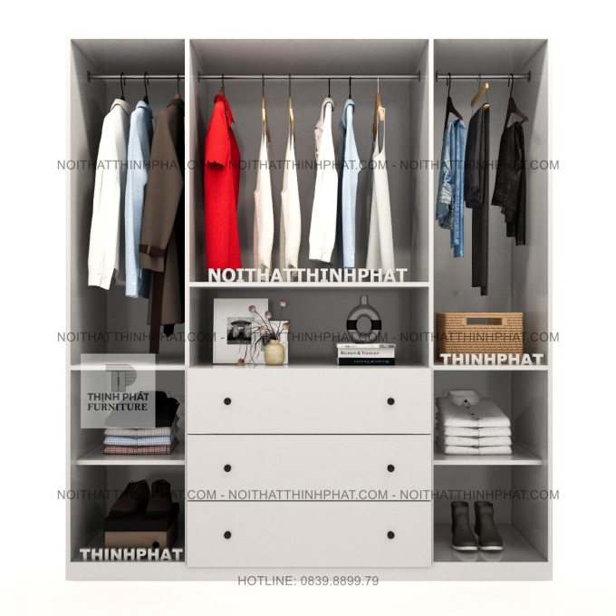 Tủ Quần Áo MDF 4 Cánh Màu Trắng Sang Trọng Kết Hợp Kệ Trang Trí Ở Giữa, Hiện Đại TPHCM TQA99 (1M6 X 2M)