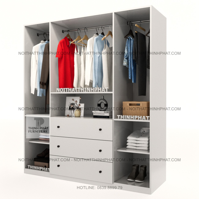 Tủ Quần Áo MDF 4 Cánh Màu Trắng Sang Trọng Kết Hợp Kệ Trang Trí Ở Giữa, Hiện Đại TPHCM TQA99 (1M6 X 2M)