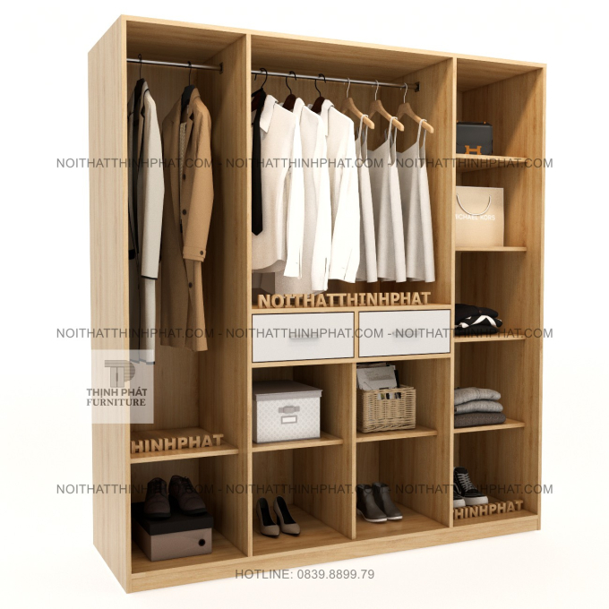 Tủ Quần Áo MDF Hiện Đại Vân Gỗ Cánh Trắng Thiết Kế Đa Ngăn Cao Cấp Tại TPHCM TQA88 (1M6 X 2M)
