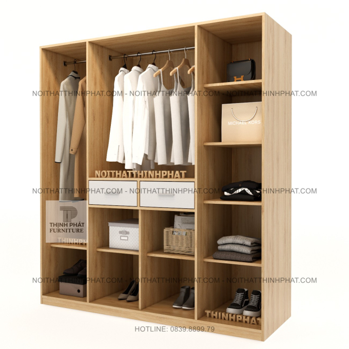 Tủ Quần Áo MDF Hiện Đại Vân Gỗ Cánh Trắng Thiết Kế Đa Ngăn Cao Cấp Tại TPHCM TQA88 (1M6 X 2M)
